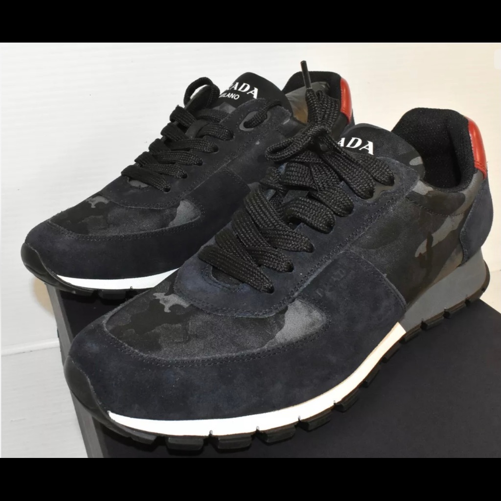 Prada 4e2700 Blue Suede Camo Nylon Logo Lace Up Sneakers Sz-40 Us 7.5